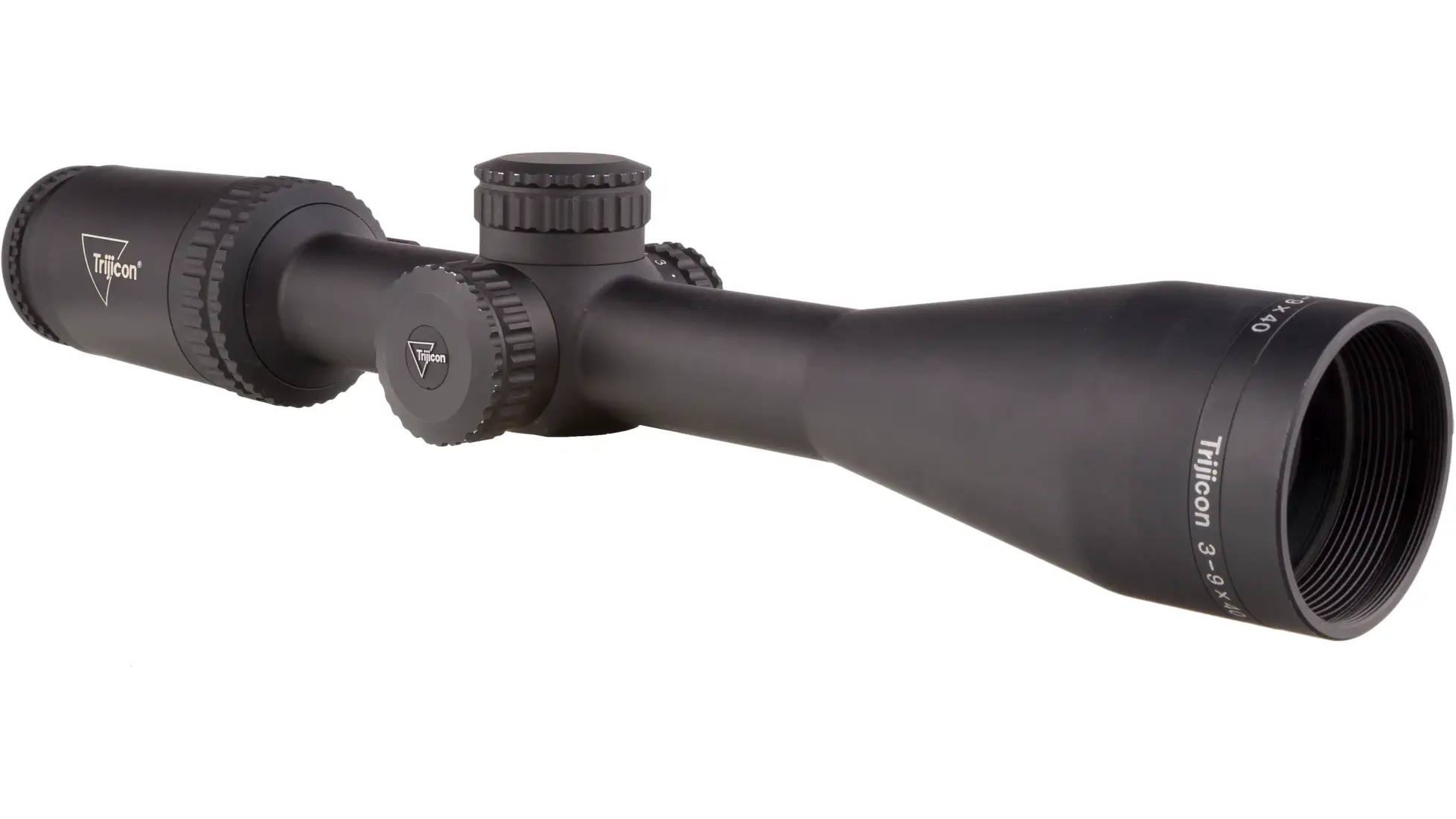 Trijicon Credo 3-9x40 rifle scope in black with capped turrets, side view; the variant pictured may differ from the row we price