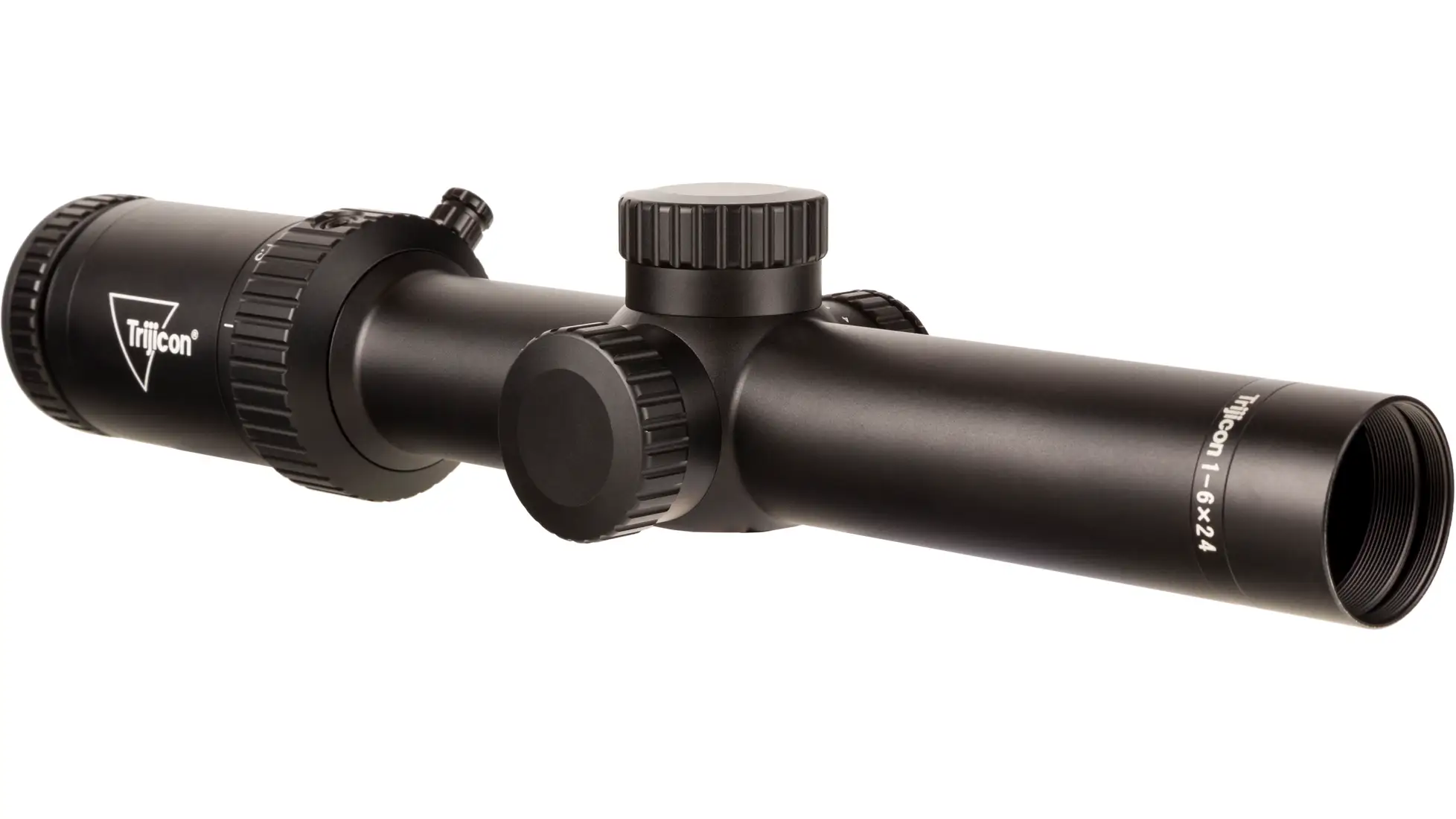 Trijicon Credo HX 1-6x24 rifle scope in black with capped turrets, side view; the variant pictured may differ from the row we price