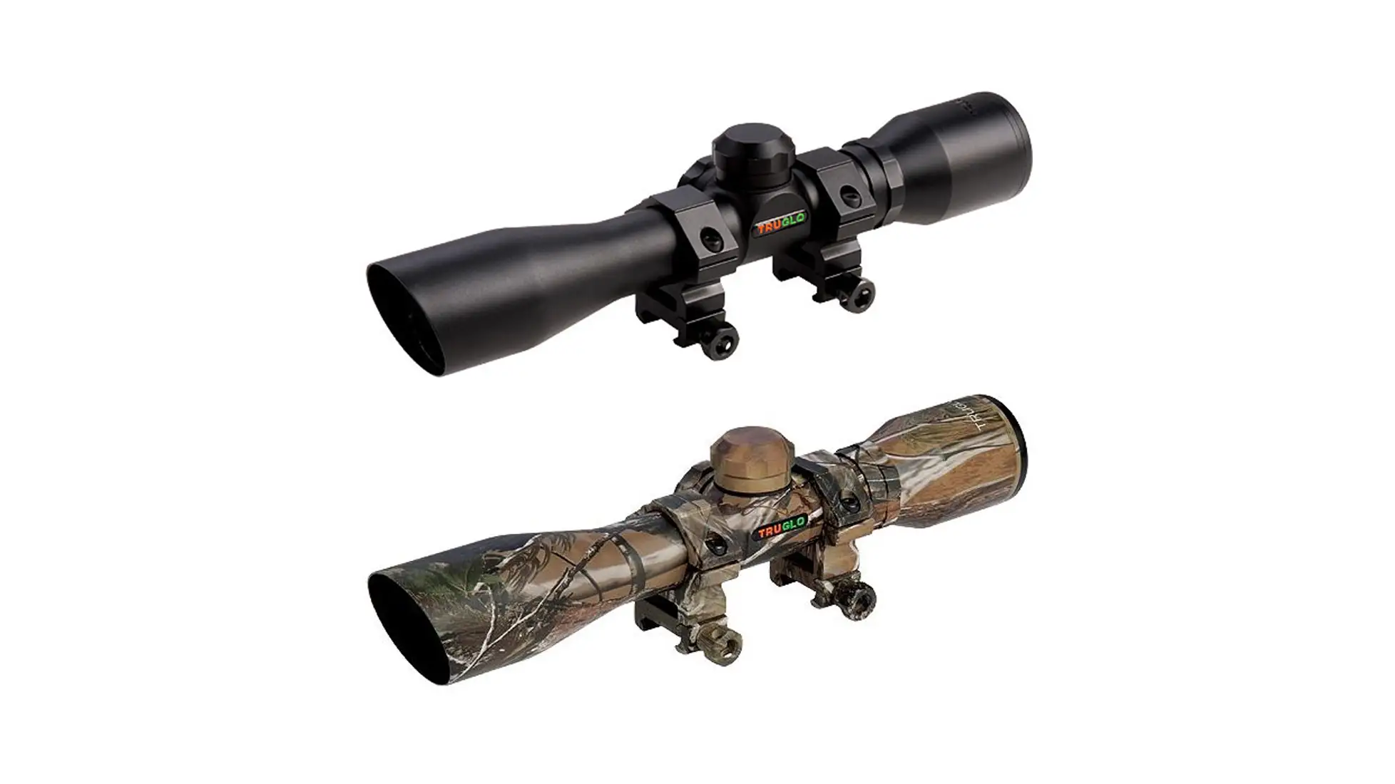TruGlo 4x32 crossbow scope with mounting rings and a trajectory-compensating range reticle