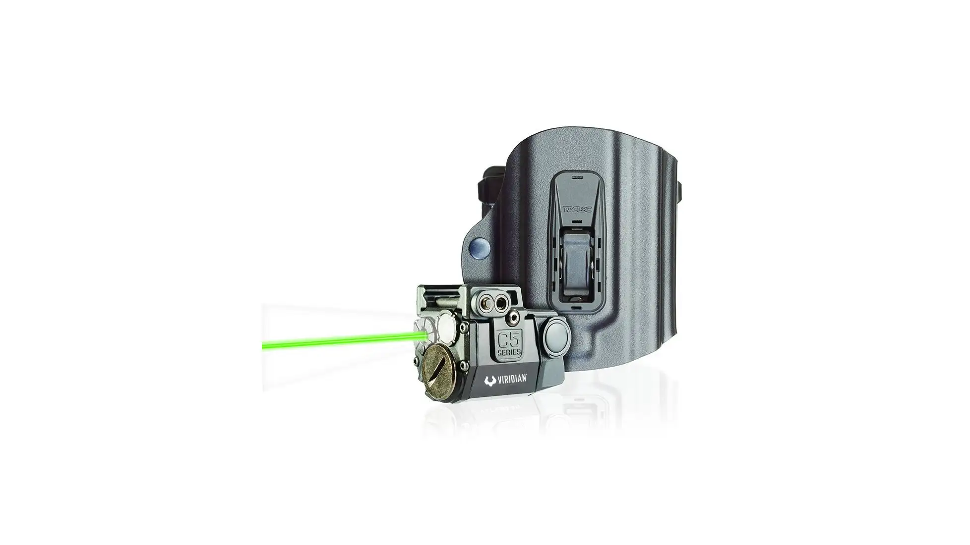 Viridian C5L light and green laser unit in black, shown with a holster and a green beam