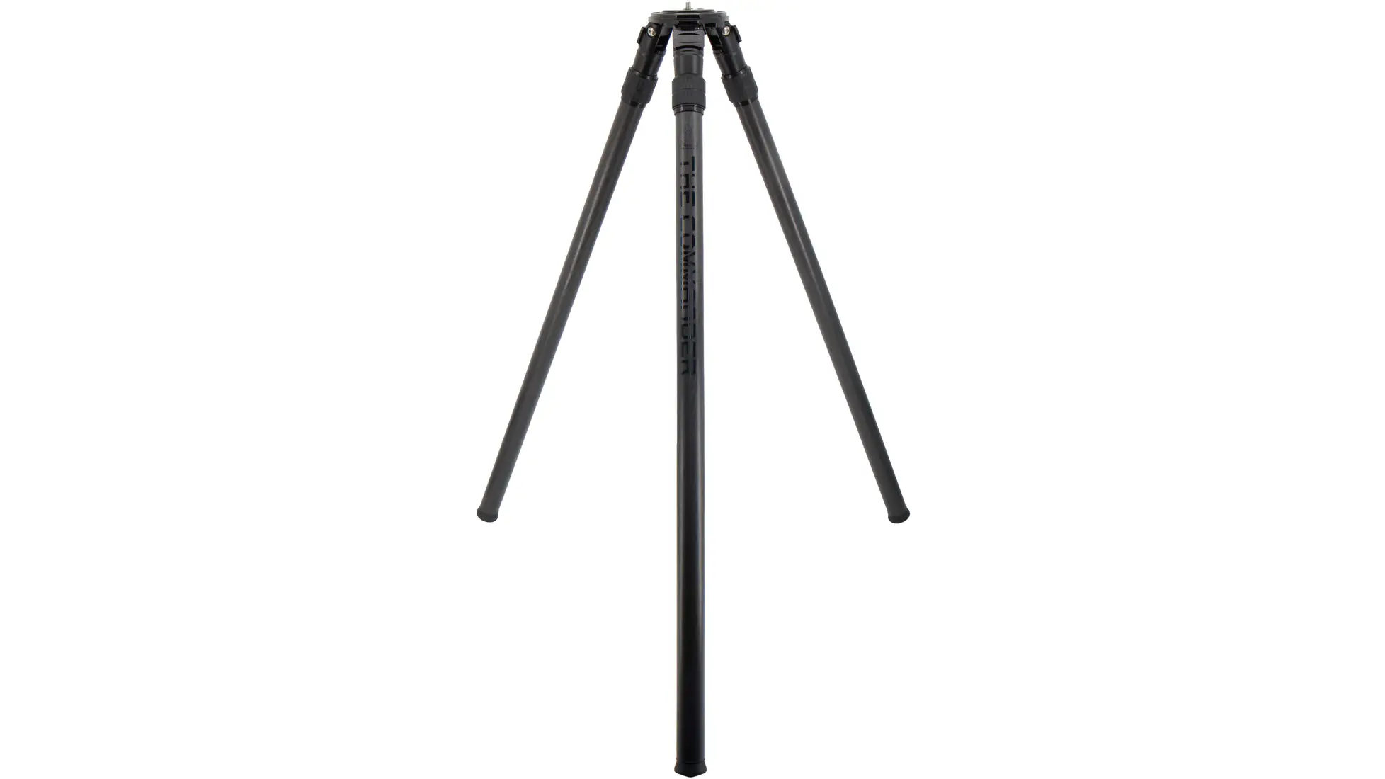 Dark grey tripod with "The Commander" printed on the leg, legs collapsed and splayed