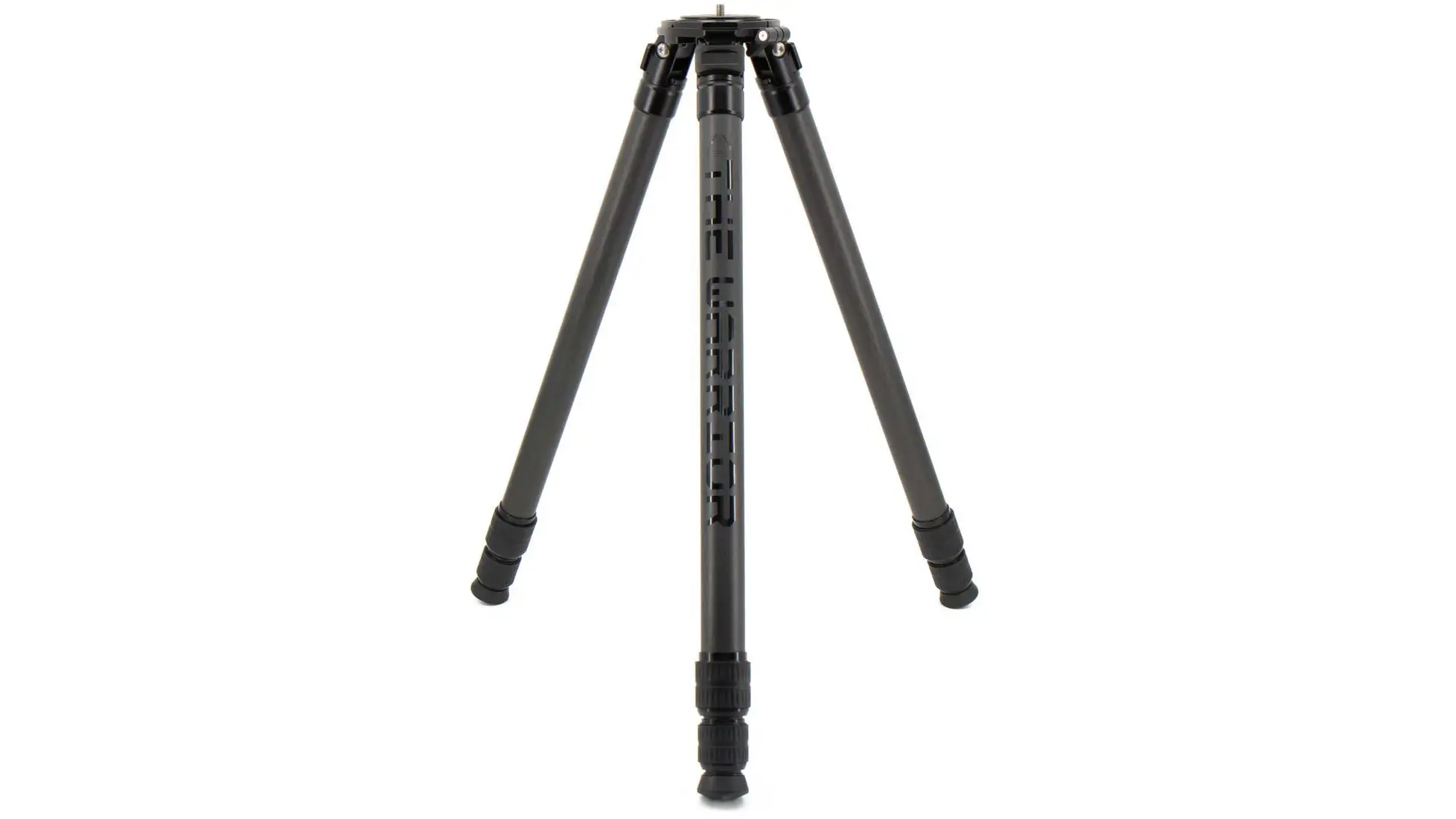 Dark grey Warrior tripod with "The Warrior" printed on the leg, legs collapsed and splayed