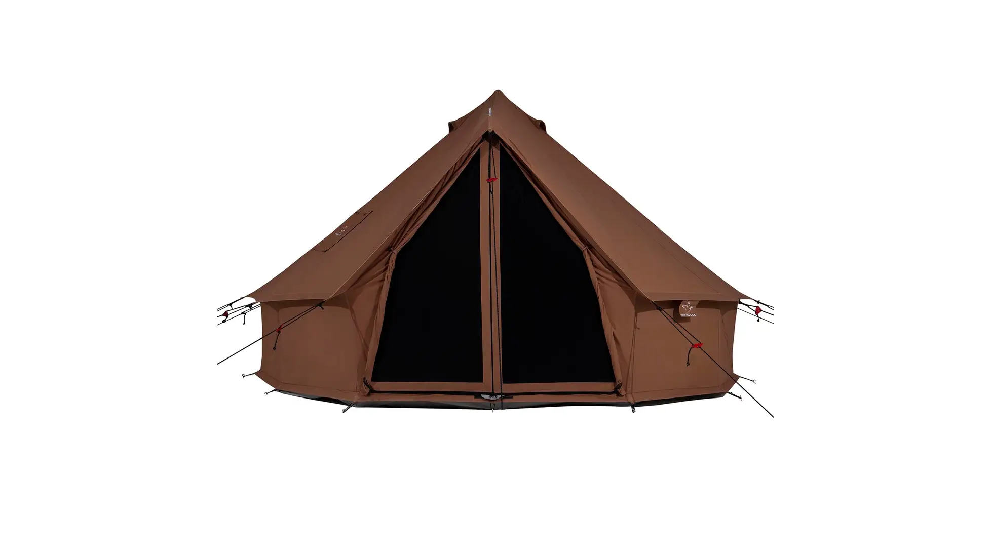 Rust-brown canvas bell tent with a single centre peak, door rolled open to dark mesh panels, guy lines out