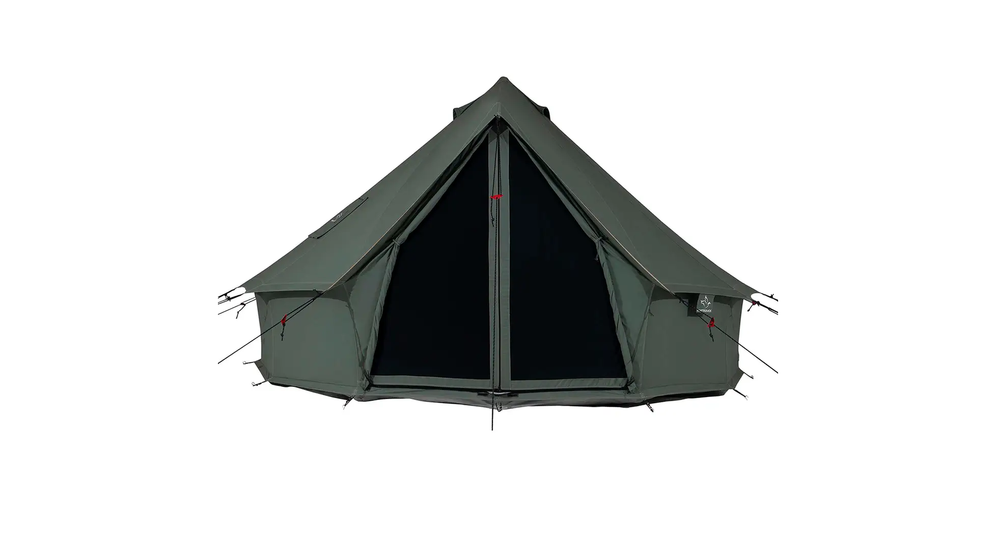 Dark green canvas bell tent with a single centre peak, door rolled open to mesh panels, guy lines out