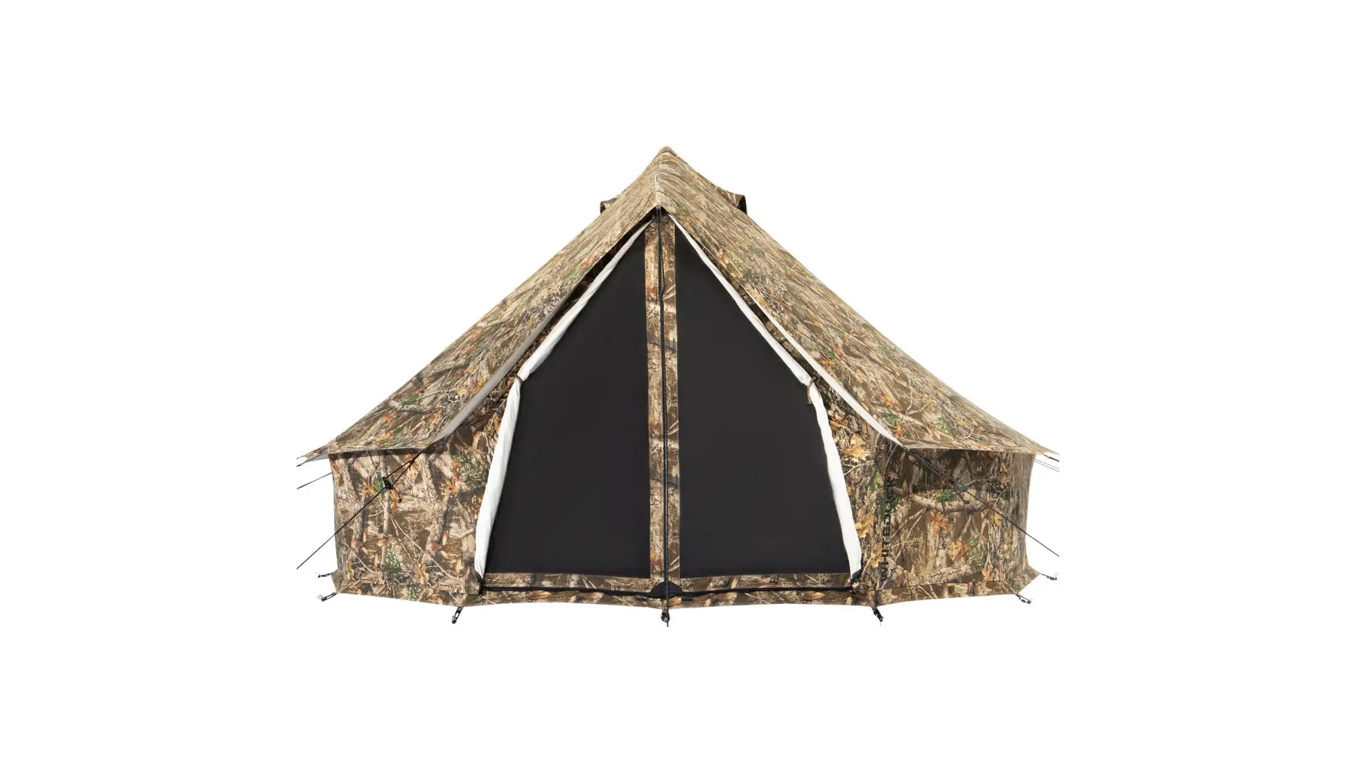 Camouflage-print canvas bell tent with a single centre peak, door rolled open to dark mesh panels