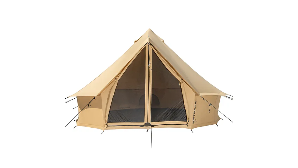 Tan bell tent with peaked roof, front door panels open to mesh screens, guy lines out to the ground, WHITEDUCK logo on side