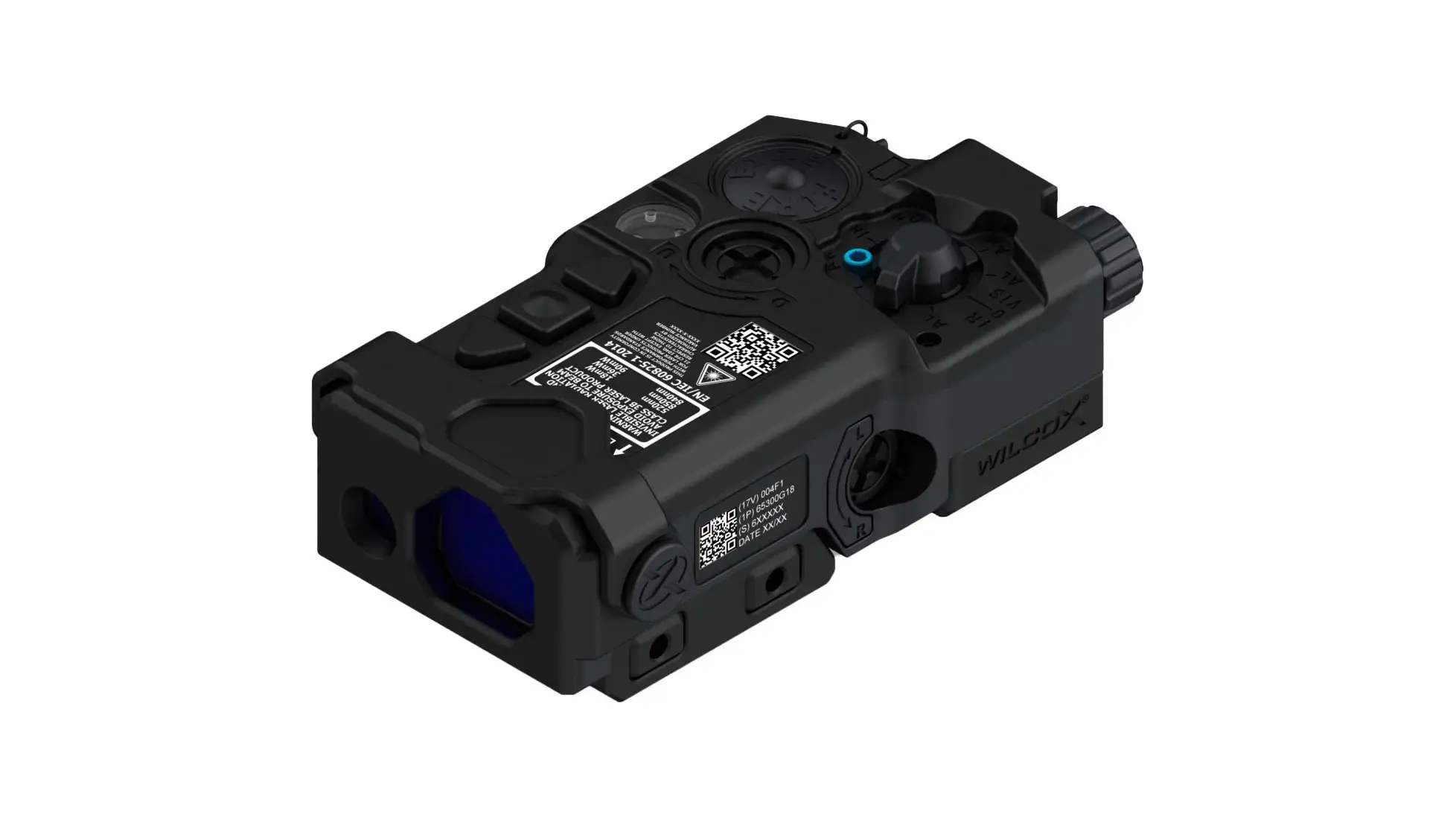 Black Wilcox aiming and illumination laser module with top selector knob, three-quarter view