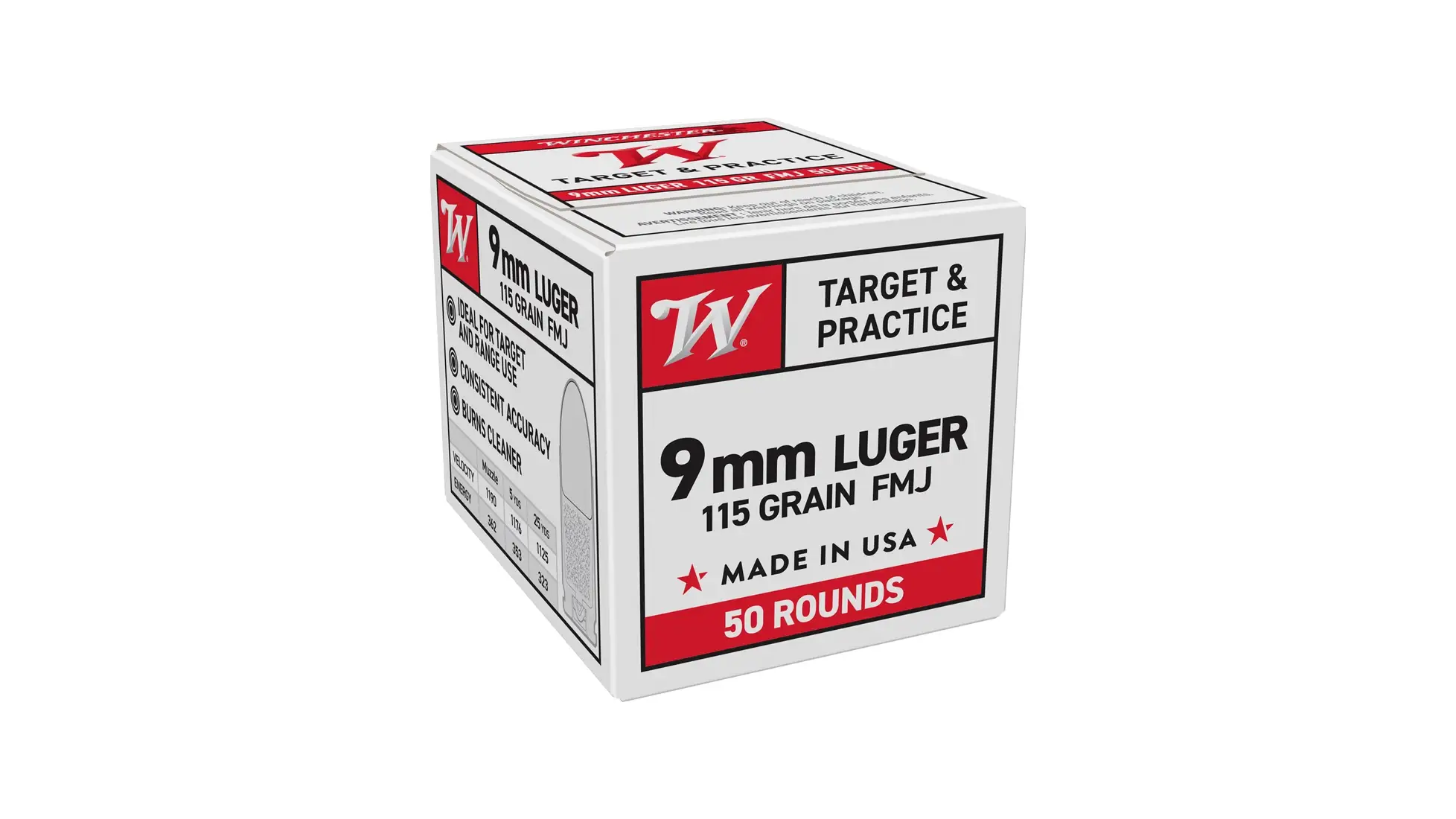 Box of Winchester USA 9mm Luger 115 grain full metal jacket ammunition, 50 rounds, W9MM50
