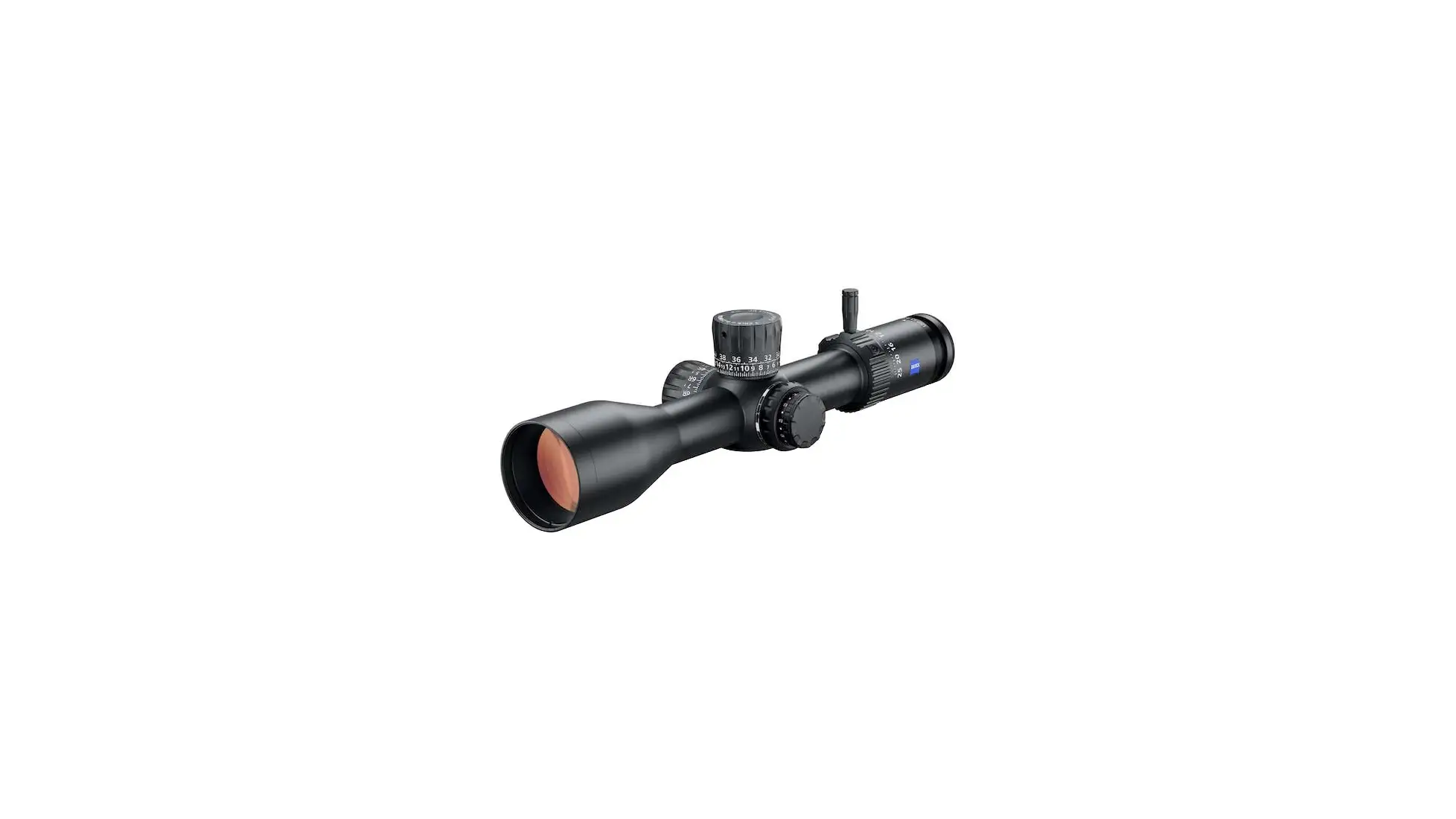Black Zeiss riflescope with elevation turret, side knob and magnification throw lever