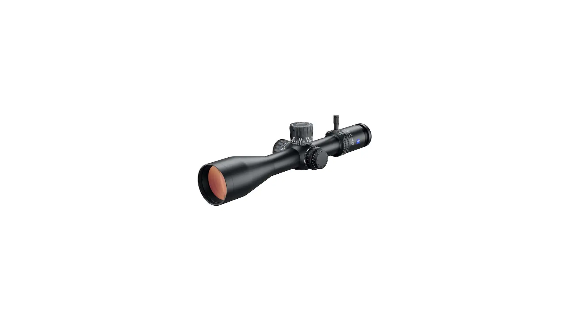 Black Zeiss riflescope with elevation turret, side knob and magnification throw lever