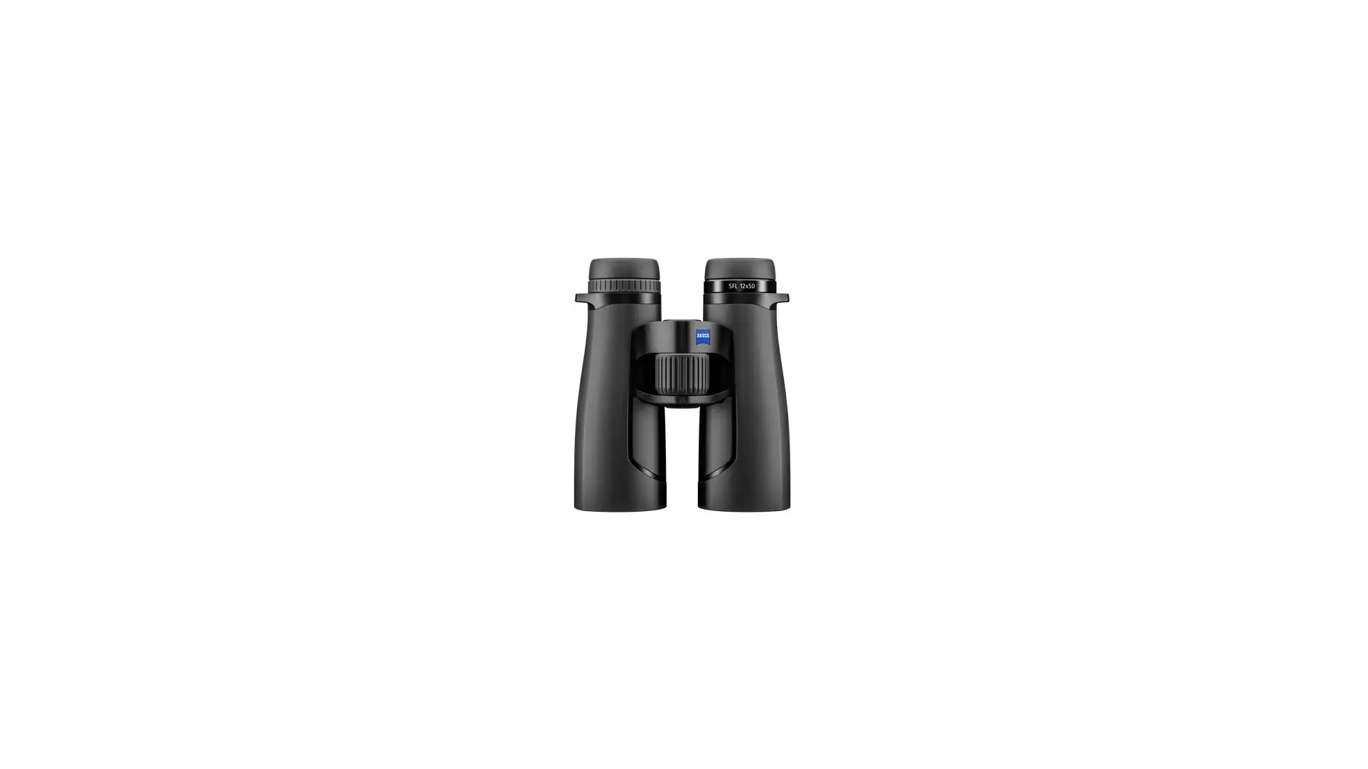 Black Zeiss SFL 12x50 binocular, front view with central focus wheel