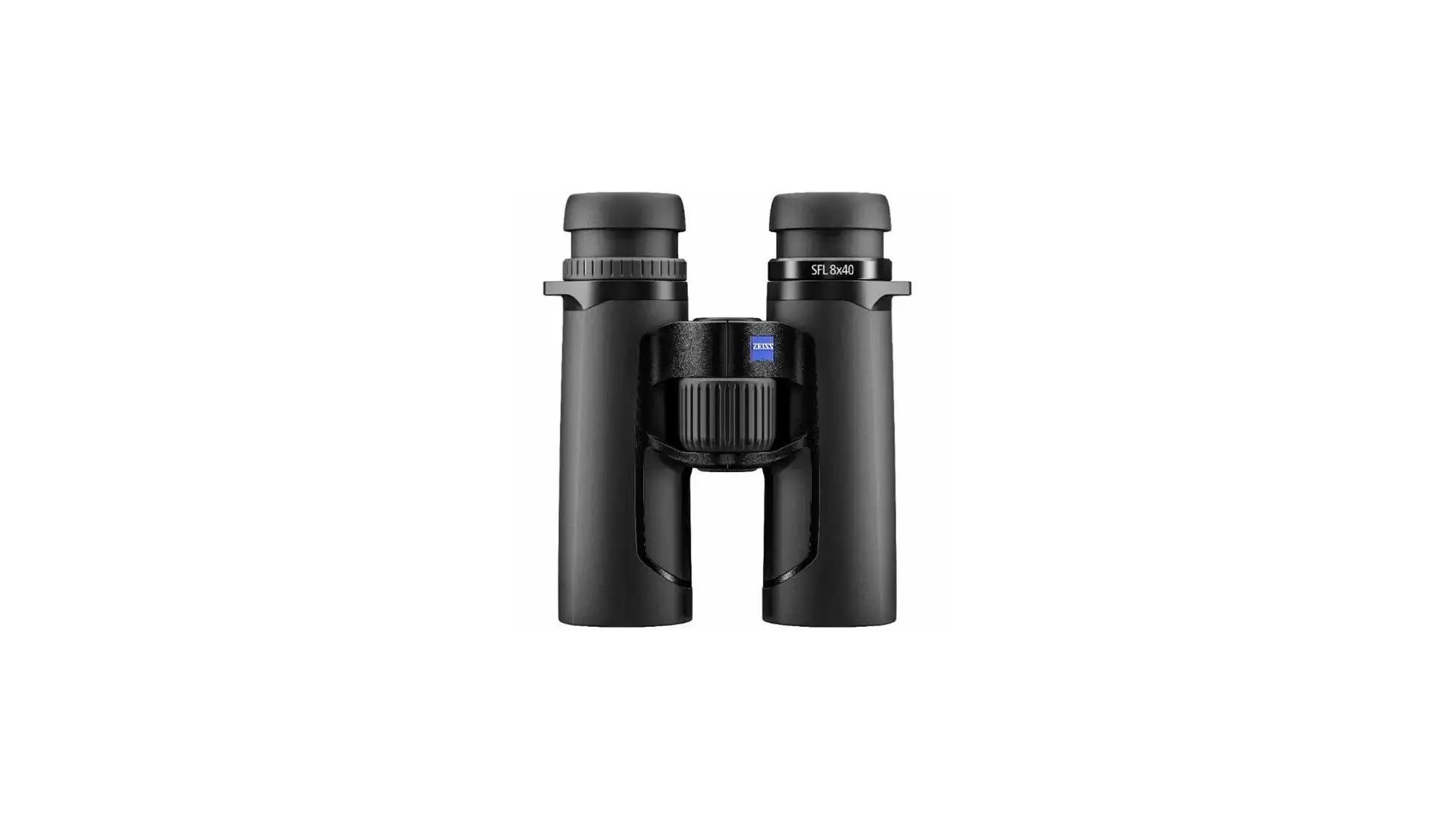 Black Zeiss SFL 8x40 binocular, front view with central focus wheel
