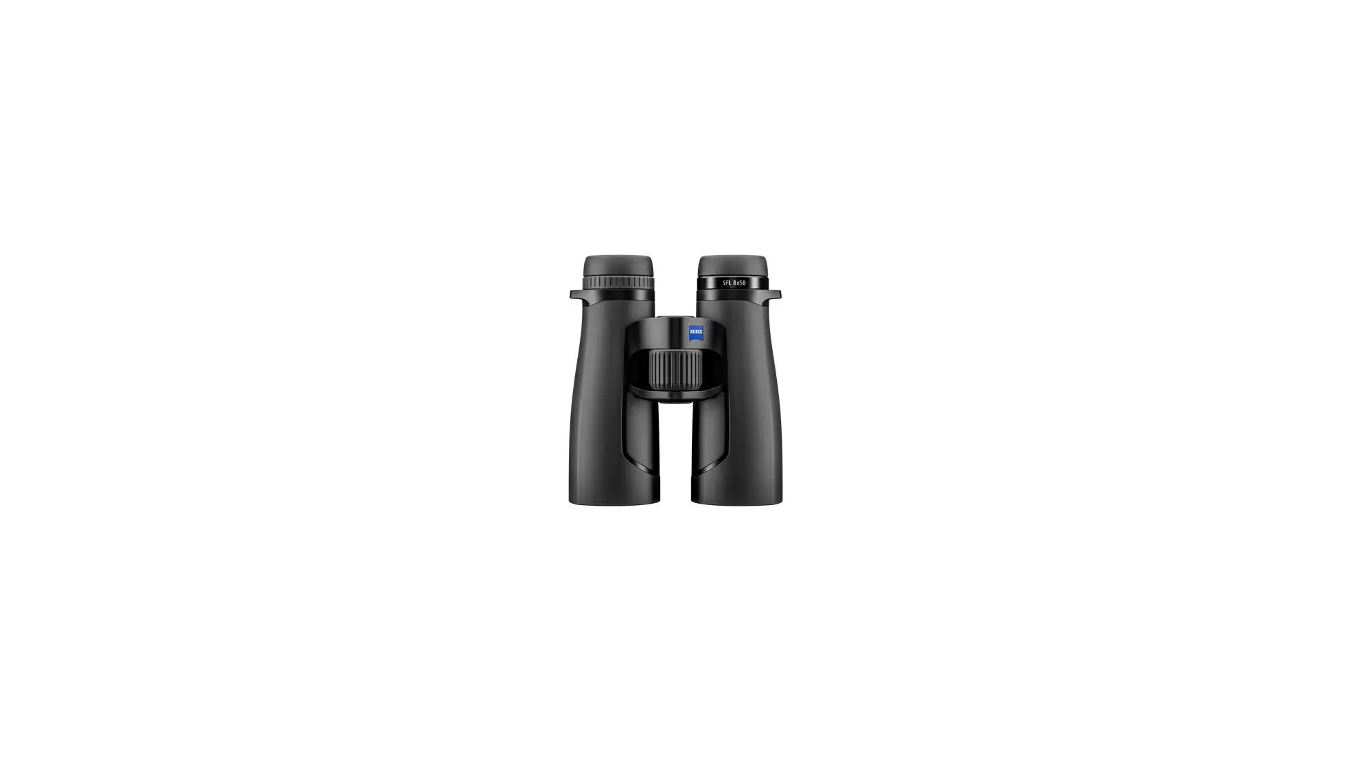 Black Zeiss SFL 8x50 binocular, front view with central focus wheel